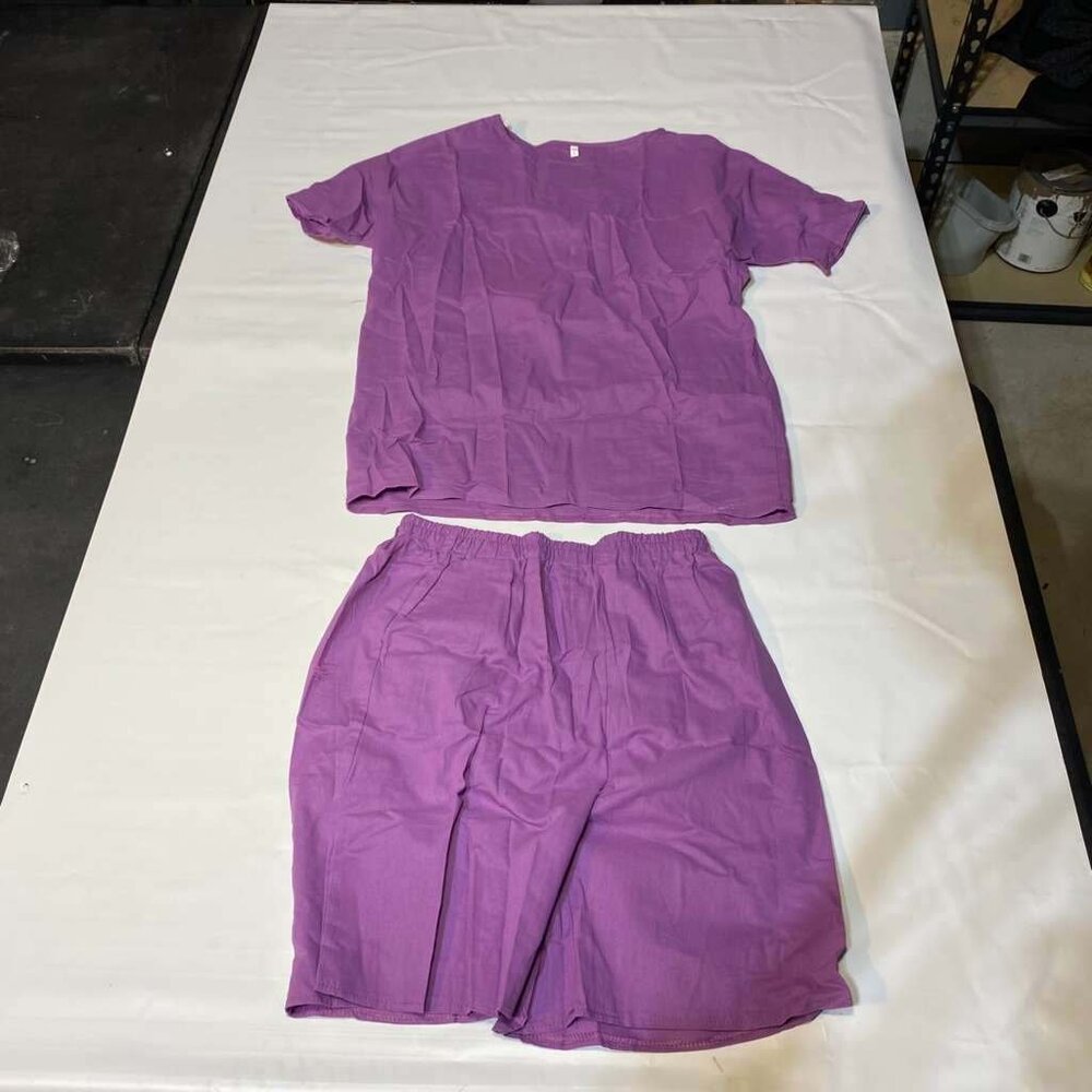 Womens Two Piece Loungewear Set L Purple Short Sleeve Top Elastic Waist Shorts